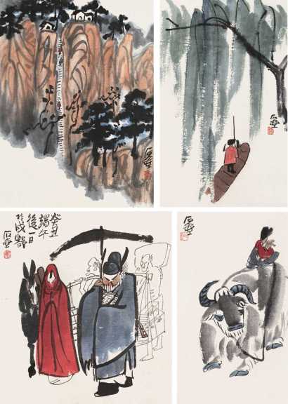 陈子庄 癸丑（1973年）作 山水人物（四帧） 镜心